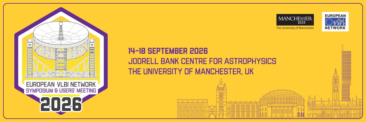 A banner showing the EVN Symposum 2026 logo, an image of the Lovell Telescope and the Manchester skyline. Text includes the dates/venue of the symposium. University of Manchester 14-18 September 2026